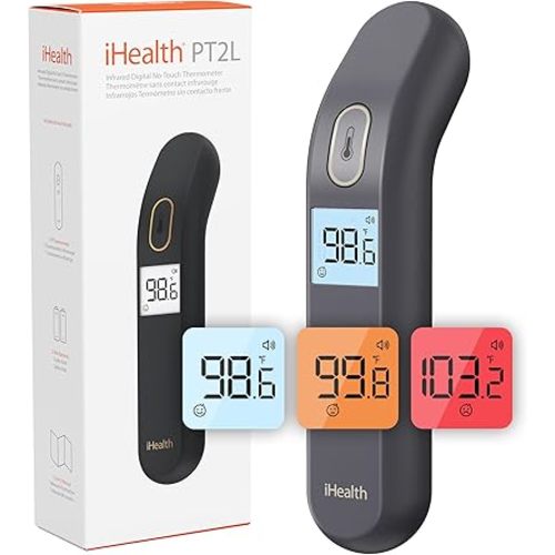 iHealth Touchless Digital Thermometer for Adults and Kids - Baby Forehead Thermometer with Color Fever Indicator - Quick & Accurate Results in 1 Second - Silent Mode, Easy-to-Use for Home - PT2L Black
