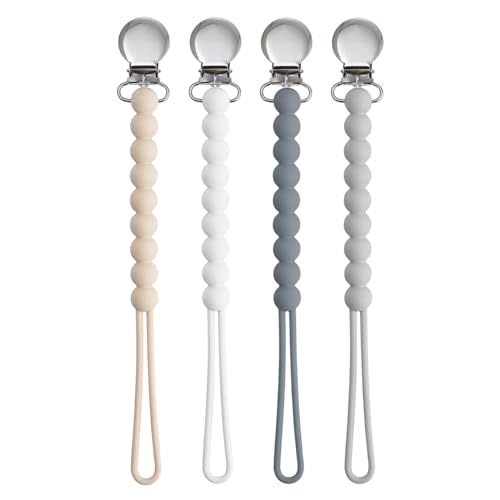 Pacifier Clip for Boys Girls - MORIBOX 4 Pack Paci Clip Soothie Baby Binky Holder for Shower Gift Birthday (Beige+White+Dgrey+Lgrey)