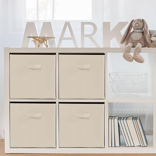 11x11 Storage Bins, Set of 4 Storage Cubes, Collapsible Cube Storage Bins, Fabric Closet Organizers with Handles for Home, Office, Closet Shelf Cabinet, Bookcase, Beige