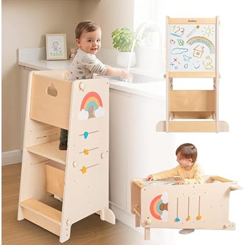 Foldable Toddler Tower for Kitchen Counter, Height Adjustable Wooden Montessori Learning Step Stool Helper with Safety Rail for Kids and Baby 18 Months to 5 Years