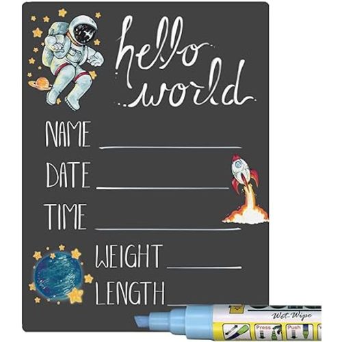 Cohas Hello World Newborn Baby Announcement Chalkboard Sign with Space Theme, 5 by 7 Inches, Blue Marker