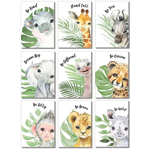 Baby Safari Animals Wall Art Prints - Nursery Decor - Set of 9 - Watercolor Jungle Animal Pictures - Unframed (8x10)