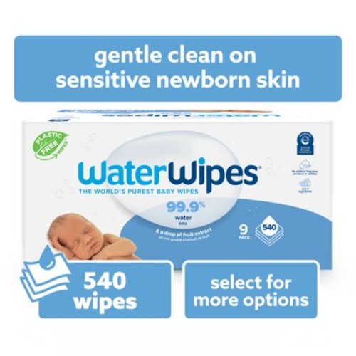 WaterWipes Non-Fragrance Baby Wipes, 99.9% Water Based, 9 Packs (540 Wipes), Unscented
