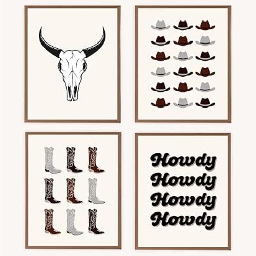 VNWEK Retro Beige Brown Preppy Howdy Western Bull Skull Cowboy Hat Boots Wall Art Poster Prints Unframed 8”x10”Set Of 4,Western Preppy Decorations for Home Preppy Room Dorm,Teen Girls Gifts (8x10inch)