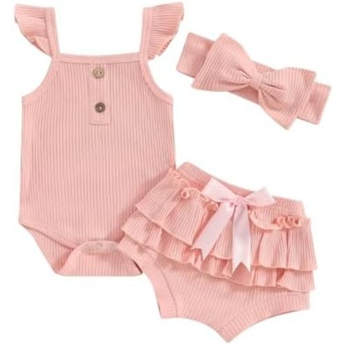 VISGOGO Toddler Baby Girl Summer Clothes Solid Color Ribbed Romper + Ruffles Shorts + Headband Cute Outfits Set