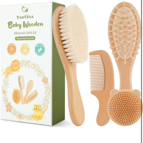 Yoofoss 4 Piece Baby Brush and Comb Set, Wooden Baby Brush with Natural Ultra Soft Goat Hair, Baby Hair Brush for Newborn, Baby Brush Set for Boy Girl