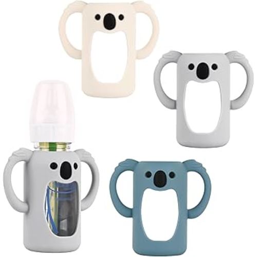 HUAKENER 3 Pack Silicone Sleeves with Handles for Dr Brown's Glass Baby Bottles 4 oz, Anti Breakage Baby Bottle Holder, Compatible with Dr. Brown's Natural Narrow Glass Baby Bottles