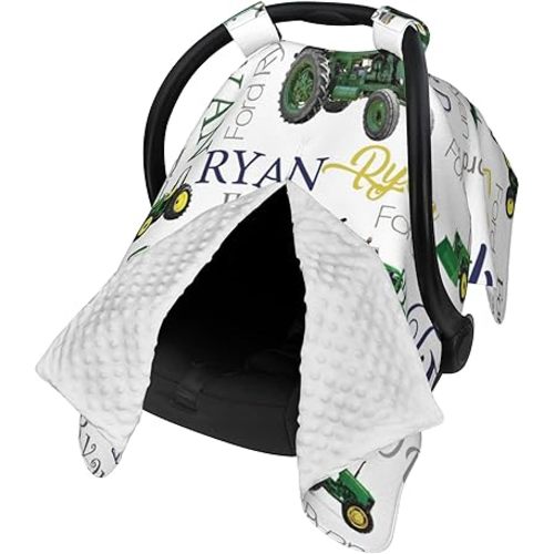 Personalized Car Seat Covers for Babies Custom Name Car Seat Canopy for Newborn Baby Boys Girls Mom Nursing Breastfeeding Covers Farm Tractor Minky Baby Carrier Covers with Peekaboo Opening