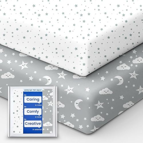 Crib Fitted Sheet Star, Super Stretchy Jersey Crib Sheets, Buttery Soft Boy Crib Mattress Sheets, Ultra Breathable Baby Bed Sheets 28x52x9 Extra Deep Pocket, 2 Pack