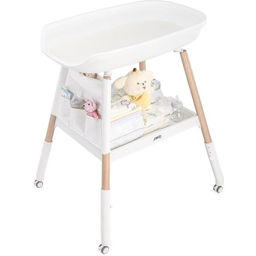 JMMD Baby Changing Table, Changing Station for Nursery, Adjustable Height Diaper Station with Waterproof Changing Pad and Storage for Baby 0-5 Months, White