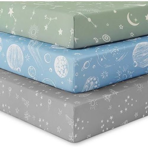 Baby Crib Sheets for Boys Girls, Fitted Crib Sheet Neutral 3 Pack for Standard Crib and Toddler Mattress, Breathable Soft Microfiber Baby Sheet 28x52x8in Green Gray Constellation