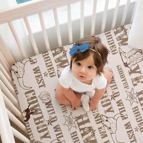 Western Cowboy Rodeo Cotton Crib Sheet Tan Brown Cowboy Boy Baby Fitted Soft Infant Newborn Standard Mattress Toddler Bed Country Wild West Horse Off White Print Nursery Bedding