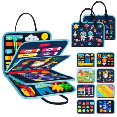 MOVSSOU Busy Board 8 in 1 Busy Book Montessori Toys for Toddler Sensory Toys Developing Sensory Board Travel Toys Blue