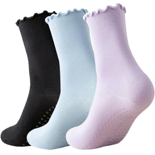 3 Pairs Socks with Grips Non-slip Ruffle Sock Grip Sock for Women