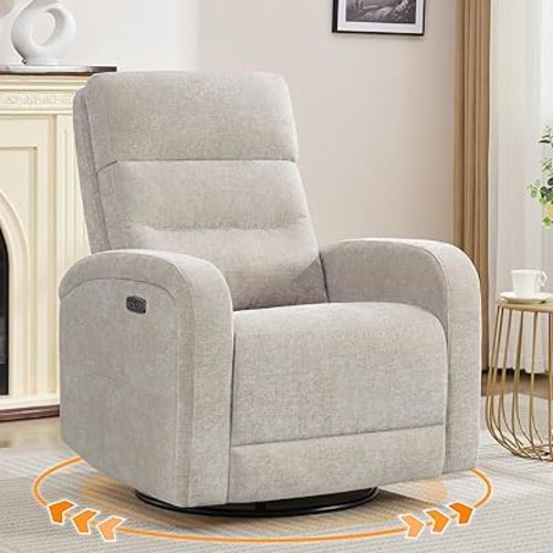 Glider Recliner Nursery Chair, Power Swivel Rocker Recliner with Adjustable Backrest Support, Swivel Rocking Nursery Recliner Chairs with USB and Type-C Ports for Living Room, Chenille Camel