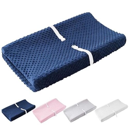 LOONAH Compact Small Changing Pad with Cover - 27" X 16" Contoured Baby Diaper Changing Pad for Cribs with Changing Table - Waterproof & Hypoallergenic, Safety Strap with Quick-Release Buckle - Blue