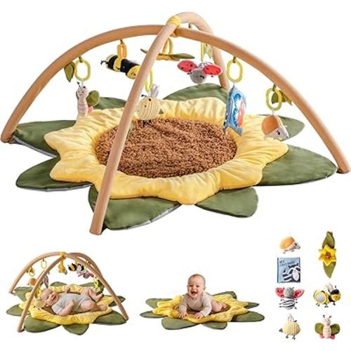 ROBOTIME Baby Play Gym with Baby Gym Play Mat – 7 Detachable Sensory Toys for Visual, Tactile, Auditory & Cognitive Development, Easy to Clean Cotton Mat, Ideal for Play Gyms for 0-6 Months Infants