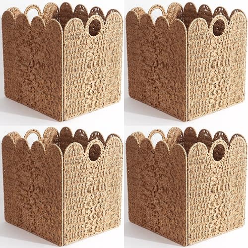 Scalloped Wicker Storage Cubes Basket, 12”x12“ Heavy Duty Paper rope/Hyacinth/Seagrass Baskets for Shelves, Foldable Natural Boho Square Bins (Renewable Paper Rope, 4PC)