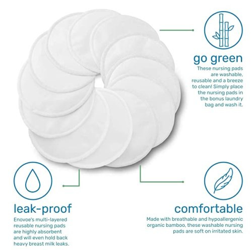 Enovoe Organic Bamboo Reusable Nursing Pads with Laundry Bag - Washable Breastfeeding Pads for Ultimate Protection - Nipple Pads/Breast Pads for Breastfeeding - White Pack of 12 - 1 Count (Pack of 12) - White