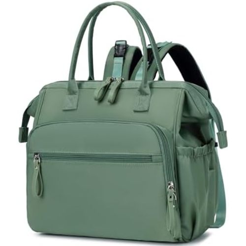 Convertible Diaper Bag Tote, Wide Open Top 14 Pockets Nappy Changing Backpack with Stroller Buckle, Water-resistant (Green)