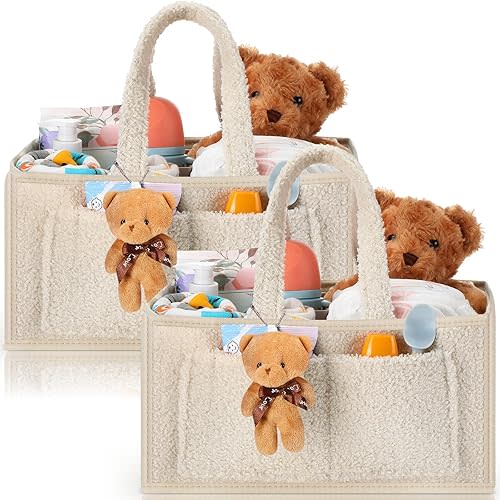 2 Pcs Large Baby Diaper Caddy Organizers Nursery Diaper Storage Bin with Handle Doll Ornament Portable Baby Basket for Changing Table Shower Favor Car New Mom 13. 8" x 9. 8" x 7. 1"(Beige)