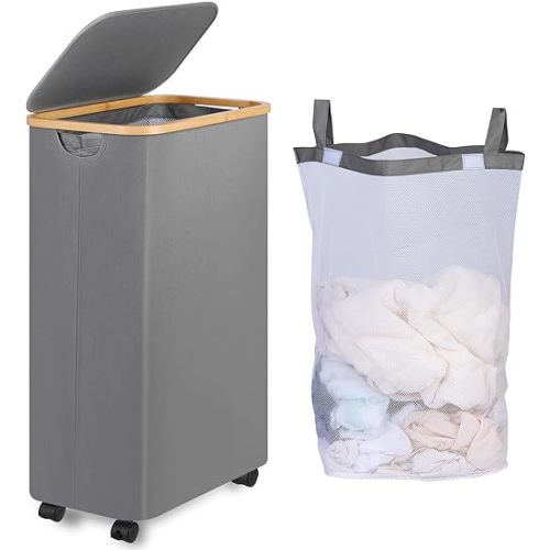 75L Slim Laundry Hamper with Wheels,Clothes Hamper for Laundry,Laundry Basket with Lid & Inner Bag,for Laundry Room, Bedroom, Dormitory Organization,Grey