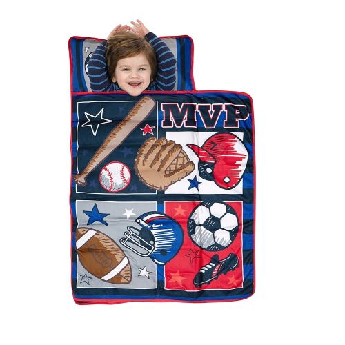 Funhouse MVP Sports Nap Mat Set - Includes Pillow and Fleece Blanket – Great for Boys Napping during Daycare or Preschool - Fits Toddlers, Blue
