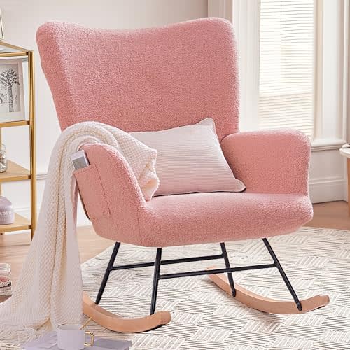 VECELO Rocking Chair Nursery Teddy Upholstered Glider Rocker with High Backrest, Padded Seat, Side Pocket, for LivingRoom, Bedroom, Baby Room