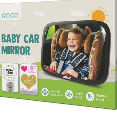 Onco Baby Car Mirror Rear Facing - Double Award-Winning Convex Car Mirror for Baby, 100% Shatterproof & Shakeproof with 360° Rotation, Newborn Essentials (9.6 x 6.9 in)