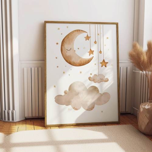 Dreamy Moon and Stars Nursery Wall Art, Cute Clouds and Stars Print for Kids Room, Sleepy Time Artwork, Unframed Baby Room Decor