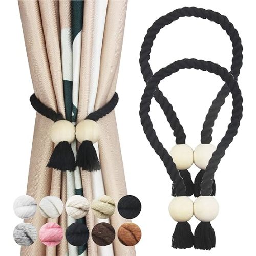 2 Pack Black Magnetic Curtain Tiebacks Cotton Hand Woven Tieback Holdback Decorative Tie Backs for Drapes with Wooden Buckle No Tools Required