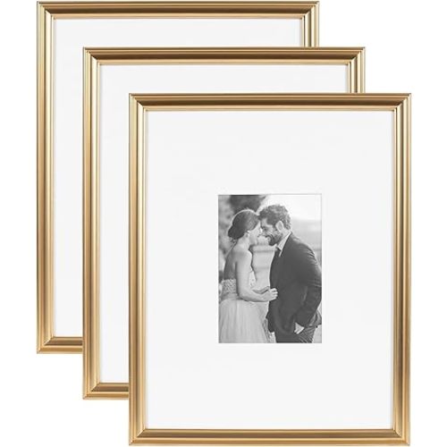 Kate and Laurel Adlynn Rectangle Picture Frame Set of 3, 11 x 14 matted to 5 x 7, Gold, Modern Glam Three-Piece Frame Set for Gallery Wall Frame Set in Living Room Wall Decor