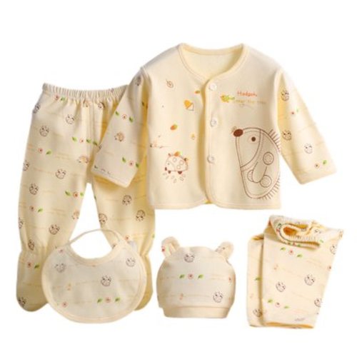 Caqnni Baby Girl Boy Long Sleeve Tops+Hat+Pants +Bib Outfit Set 5PCS Outfits Boy Shoes+Romper Girl Boy Outfits&Set Cotton Blend Baby Girl Boy Fall Clothes Layette Gift Set (A05-Yellow)