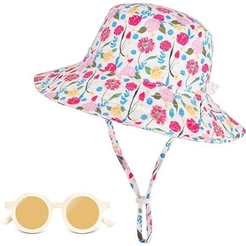 Baby Bucket Hat & Sunglasses, UV Protection Sun Hat with Wide Brim, Toddler Beach Hat Summer Essentials for Boy Girl