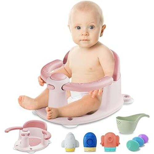Baby Bath Seat, Infant Bathtub Seats for Babies Sitting Up Aged 6-24 Months, 3 Baby Bath Brushes/ 3 Baby Bath Toys/Baby Bath Rinse Cup Included, Pink