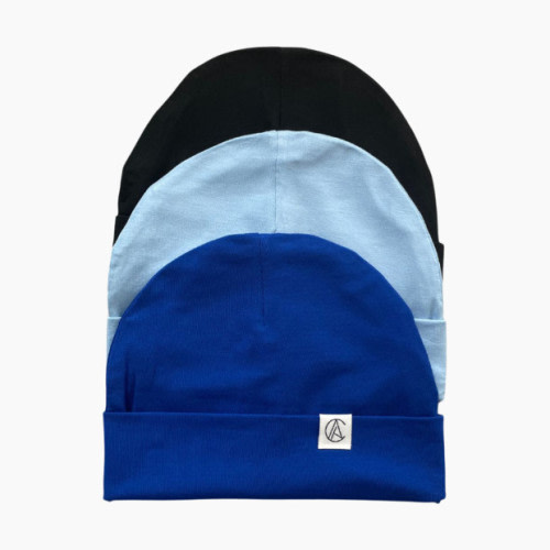 Aarin & Co. Newborn Satin Lined Jersey Beanie Gift Set - Black, Sapphire Blue, Light Blue, 0-3 M