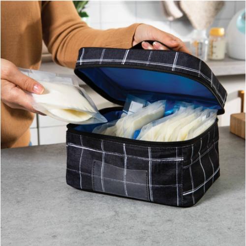 PackIt Freezable Bottle Cooler for Breastmilk and Formula, Black Grid, Built with EcoFreeze® Technology, Collapsible, Reusable, Zip Closure and Top Handle, Fits up to Four, 5 oz Bottles