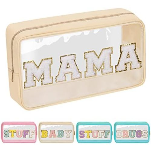 Iqimott Clear Patch Makeup Bag Mama Pouch, Preppy Personalized Chenille Letter Cosmetic Pouch for Travel, Nylon Waterproof Travel Essentials Zipper Toiletry Bags for Women Girls(MAMA, Beige)
