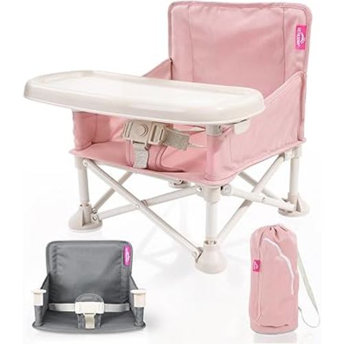 Portable Baby Chair, Baby Booster Seat with Tray, 2 Pack Seat Covers, Two Color Options & Travel Bag for Camping & Baby Beach Chair Use | Toddler Folding Chair with Secure Fit on Adult Chairs