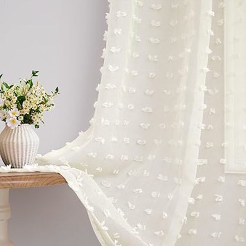 Cream Sheer Curtains for Living Room 84 Inch Length Ivory Pom Pom Boho Sheer Curtains 2 Panels Set Back Tab Country Farmhouse Shabby Chic Semi Sheer Window Drapes for Bedroom Nursery 84 Inches Long