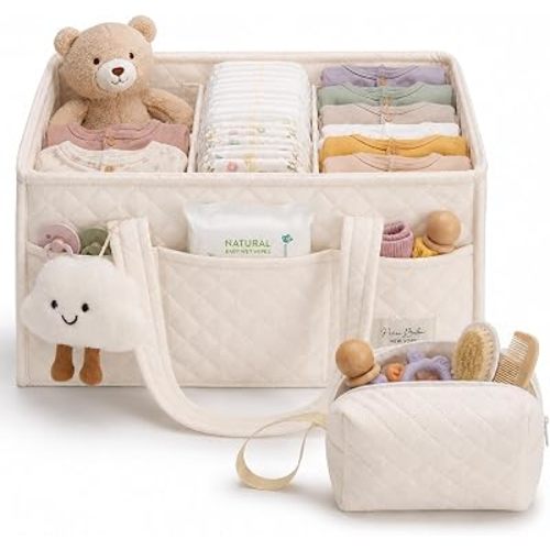 PeraBella Baby Diaper Caddy Organizer, Baby Basket Shower Gift, Portable Changing Table Basket, Postpartum Caddy & Tote Bag Pouch, Newborn Boy & Girl Nursery Essentials Registry, Car Diaper Organizer
