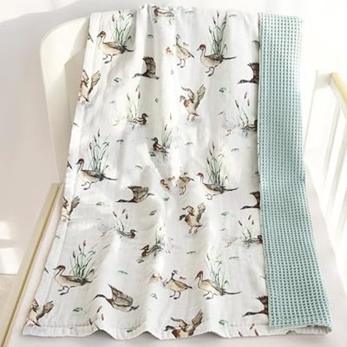LifeTree Waffle Baby Blankets Neutral, Muslin Swaddle Blanket for Boys Girls, 2 Layers Crib Stroller Receiving Blankets with Muslin Front and Waffle Backing Infant Newborn Mallard Duck