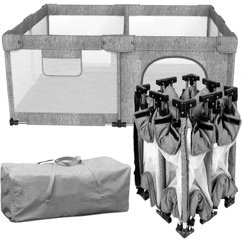 Dearlomum Foldable Baby Playpen,Collapsible Playpen for Babies and Toddlers, Extra Large Foldable Playpen for Baby with gate, Baby Activity Center with Fence, Travel Play Pen (Grey 51"×51")