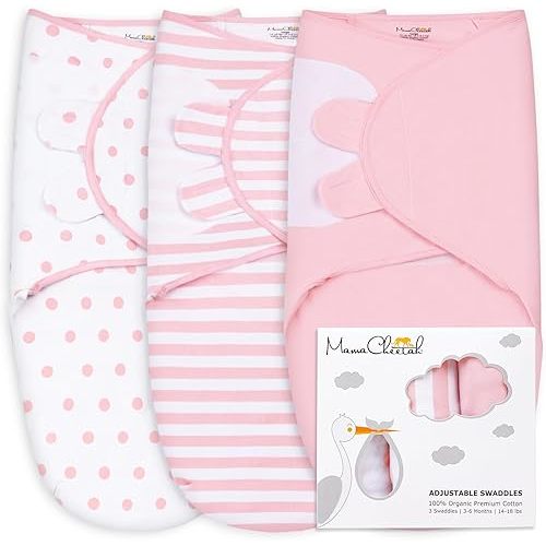 Mama Cheetah Baby Swaddle Blanket, Swaddle Wrap for Infant (0-3 Month), Adjustable Newborn Swaddle Set, 3 Pack Soft Organic Cotton, Pink