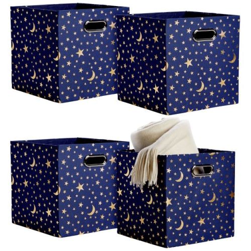 Okuna Outpost 4 Pack Star Storage Cubes, Collapsible Foldable Fabric Organizer Baskets for Clothes, Toys, Gold Moons and Stars, 11 In
