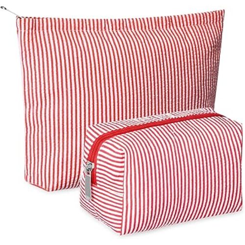 Huhumy 2 Pcs Makeup Bag Set Cute Cosmetic Pouch for Women Seersucker Travel Toiletry Bag Preppy Small Makeup Purse Pouch Aesthetic Skincare Brushes Storage Organizer for Valentine Women(Red)