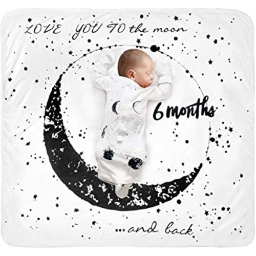 Baby Monthly Milestone Blanket Moon - Neutral Personalized Month Blanket for Boy Girl Newborn Soft Plush Fleece Photography Background Bonus Felt Milestone Number Set Large