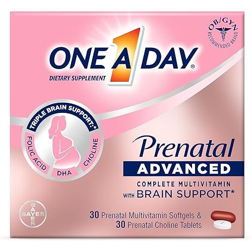 One A Day Womens Prenatal Advanced Complete Multivitamin with Brain Support* with Choline, Folic Acid, Omega-3 DHA & Iron for Pre, During and Post Pregnancy, 30+30 Count (60 Total Set)