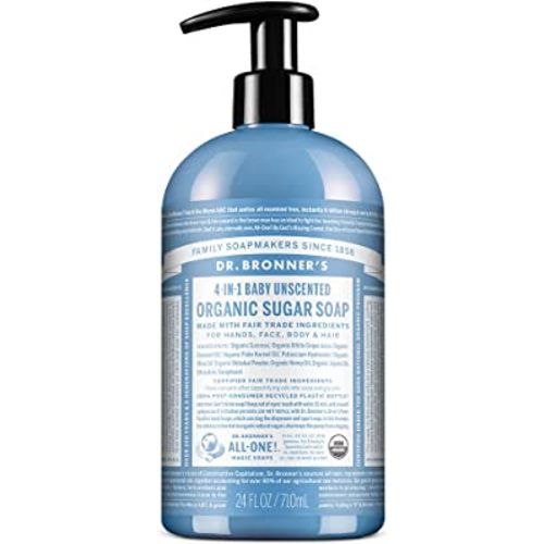Dr. Bronner's Organic Sugar Soap (Baby Unscented, 24 Ounce) - Made with Regenerative Certified Organic Oils, Sugar & Shikakai Powder, 4-in-1 Use: Hands, Body, Face and Hair- Liquid Soap, Nourishes