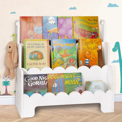 Tohiasen Kids Bookshelf Wooden 3-Tier, Scalloped Book Shelf for Kids Rooms, Front Facing Toddler Montessori Bookshelf, Baby Nursery Book Shelves Kids Classroom Bookshelf Bookcase (White)